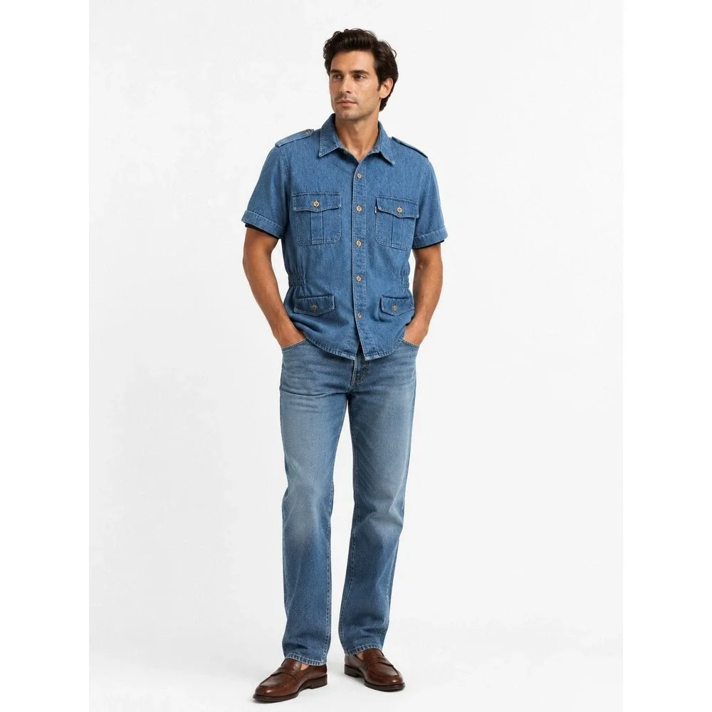 Vintage Levi's Sportswear Denim Shirt Mens Short Sleeve Button Up Chambray Blue
